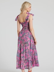 South Beach Pink Tie Shoulder Shirred Midi Dress - Image 2 of 6