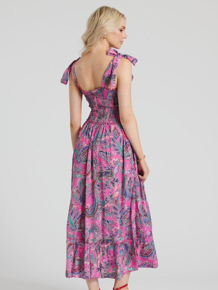 South Beach Pink Tie Shoulder Shirred Midi Dress - Image 2 of 6