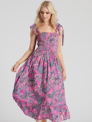 South Beach Pink Tie Shoulder Shirred Midi Dress - Image 3 of 6