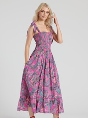 South Beach Pink Tie Shoulder Shirred Midi Dress - Image 4 of 6