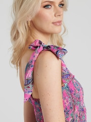 South Beach Pink Tie Shoulder Shirred Midi Dress - Image 5 of 6