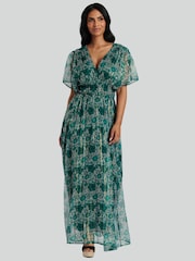 South Beach Green Metallic Chiffon Button Detail Midi Dress - Image 1 of 5