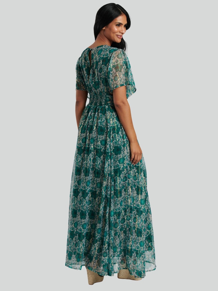 South Beach Green Metallic Chiffon Button Detail Midi Dress - Image 2 of 5