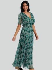 South Beach Green Metallic Chiffon Button Detail Midi Dress - Image 3 of 5