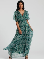 South Beach Green Metallic Chiffon Button Detail Midi Dress - Image 4 of 5