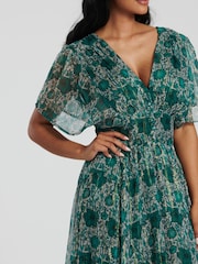 South Beach Green Metallic Chiffon Button Detail Midi Dress - Image 5 of 5
