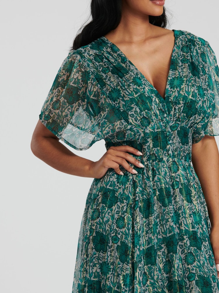 South Beach Green Metallic Chiffon Button Detail Midi Dress - Image 5 of 5
