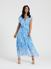 South Beach Blue Chiffon Print Frill Neck Wrap Midi Dress - Image 1 of 5