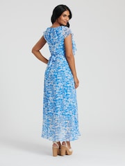 South Beach Blue Chiffon Print Frill Neck Wrap Midi Dress - Image 2 of 5