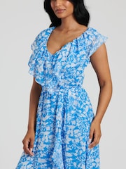South Beach Blue Chiffon Print Frill Neck Wrap Midi Dress - Image 3 of 5