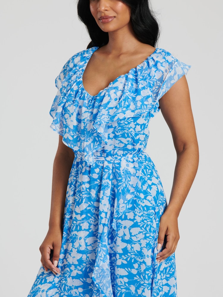 Albastru - South Beach Chiffon Imprimeu Volant Neck Wrap Midi Rochie - Image 3 of 5