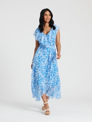 South Beach Blue Chiffon Print Frill Neck Wrap Midi Dress - Image 4 of 5