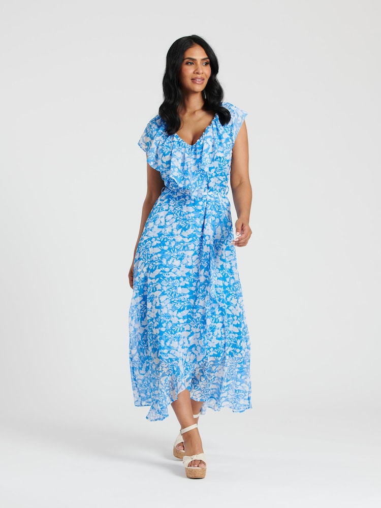 Albastru - South Beach Chiffon Imprimeu Volant Neck Wrap Midi Rochie - Image 4 of 5