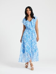 South Beach Blue Chiffon Print Frill Neck Wrap Midi Dress - Image 5 of 5