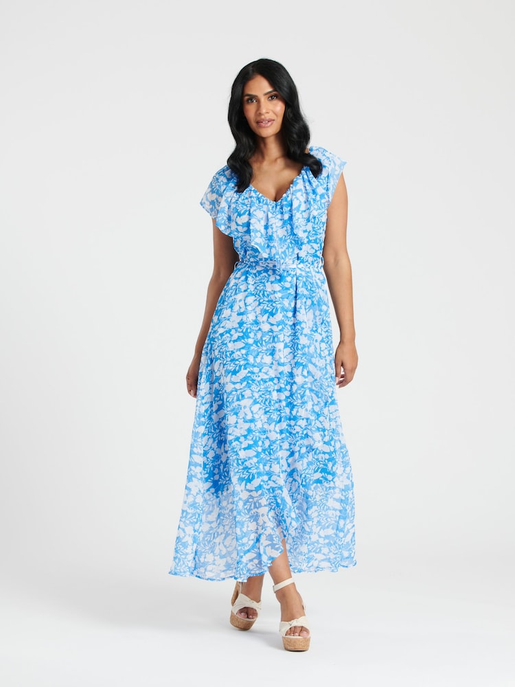 South Beach Blue Chiffon Print Frill Neck Wrap Midi Dress - Image 5 of 5