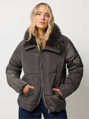 Long Tall Sally Brown Faux Fur Collar Padded Coat - Image 1 of 6