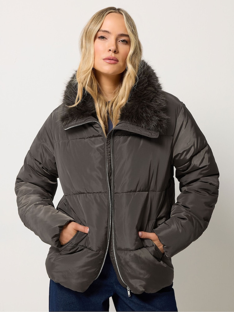 Long Tall Sally Brown Faux Fur Collar Padded Coat - Image 1 of 6 Long Tall Sally Brown Faux Fur Collar Padded Coat - Image 1 of 6