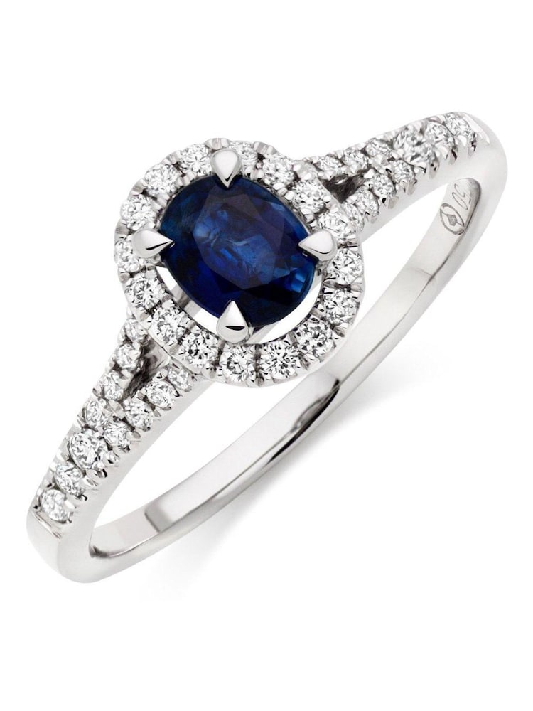 Beaverbrooks 18ct White Silver Diamond Sapphire Halo Ring - Image 1 of 6