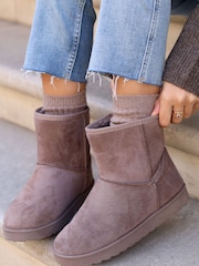 Linzi Mocha Brown Faux Suede Faux Fur Lined Ankle Boots - Image 1 of 4