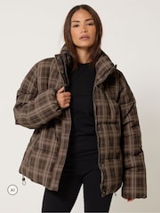 PixieGirl Petite Brown Check Puffer Coat - Image 1 of 6