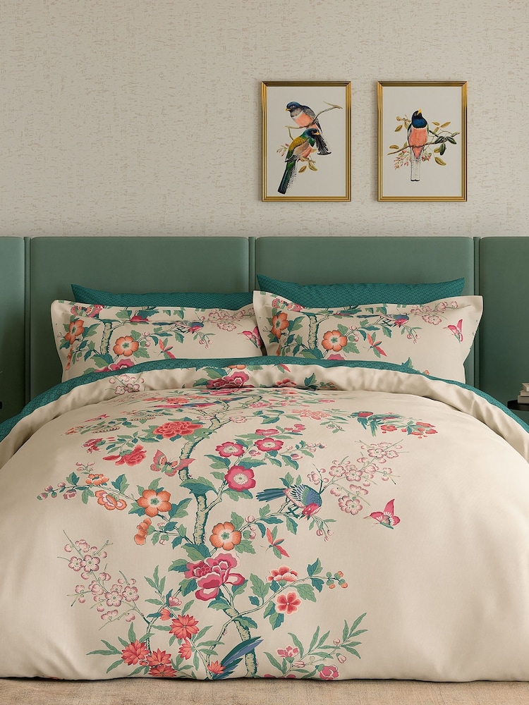 V&A Green Chinese Magpie Floral 100% Cotton Duvet Cover & Pillowcase Set - Image 2 of 5 V&A Green Chinese Magpie Floral 100% Cotton Duvet Cover & Pillowcase Set - Image 2 of 5