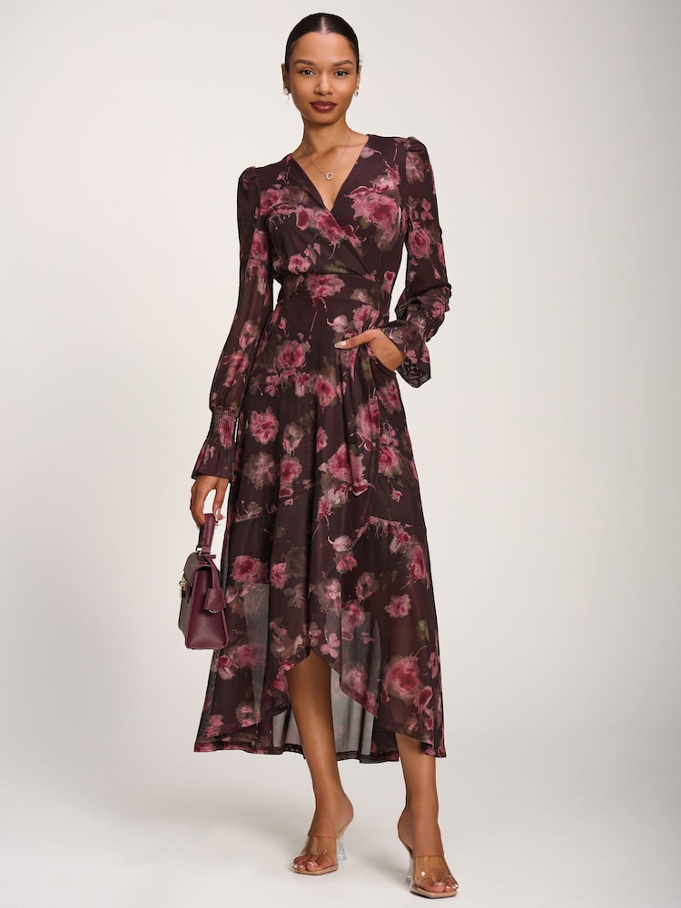 Jolie Moi Red Printed Frill Mesh Maxi Dress - Image 1 of 6 Jolie Moi Red Printed Frill Mesh Maxi Dress - Image 1 of 6