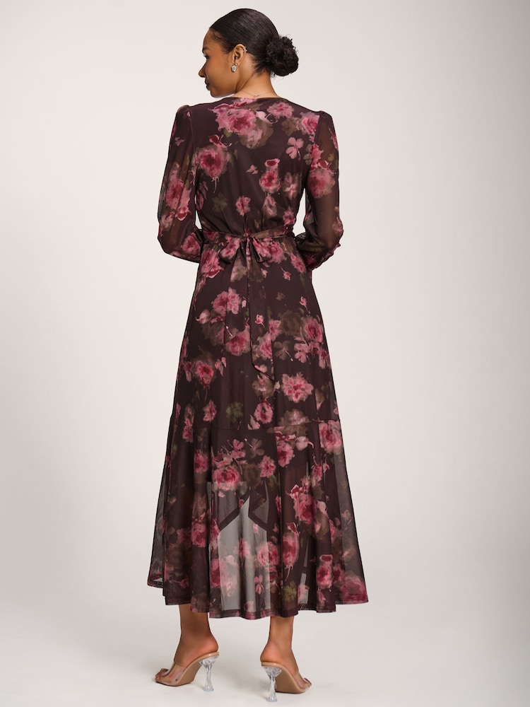 Jolie Moi Red Printed Frill Mesh Maxi Dress - Image 2 of 6 Jolie Moi Red Printed Frill Mesh Maxi Dress - Image 2 of 6