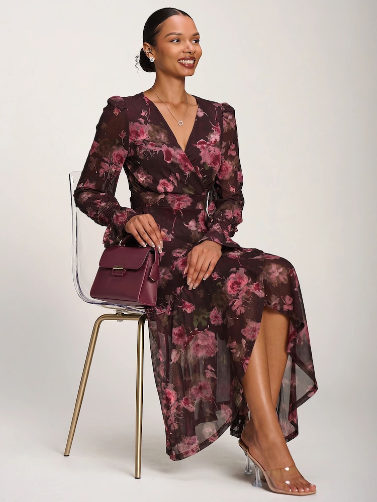 Jolie Moi Red Printed Frill Mesh Maxi Dress - Image 6 of 6 Jolie Moi Red Printed Frill Mesh Maxi Dress - Image 6 of 6