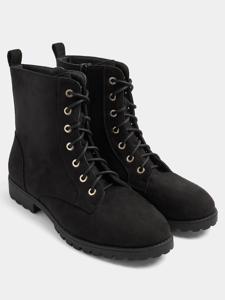 Yours Curve Black Faux Suede Lace Up Boots In Extra-Wide EEE Fit - Image 1 of 4 Yours Curve Black Faux Suede Lace Up Boots In Extra-Wide EEE Fit - Image 1 of 4