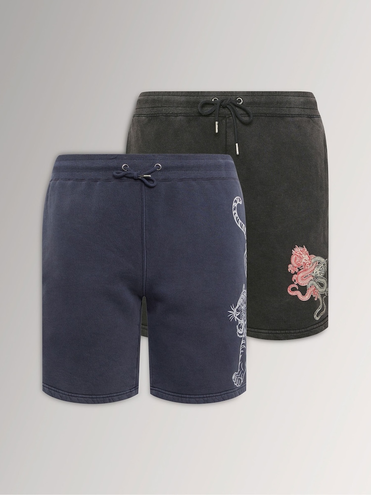 BadRhino Big & Tall Black Graphic Printed Shorts 2 Pack - Image 1 of 5 BadRhino Big & Tall Black Graphic Printed Shorts 2 Pack - Image 1 of 5