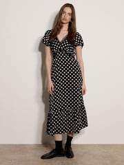 Apricot Black Polka Dot Satin Midi Dress - Image 1 of 4