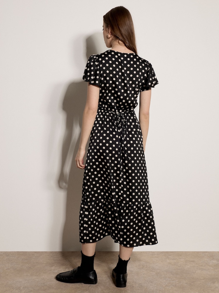 Apricot Black Polka Dot Satin Midi Dress - Image 2 of 4 Apricot Black Polka Dot Satin Midi Dress - Image 2 of 4