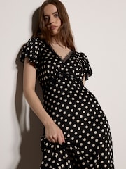 Apricot Black Polka Dot Satin Midi Dress - Image 3 of 4