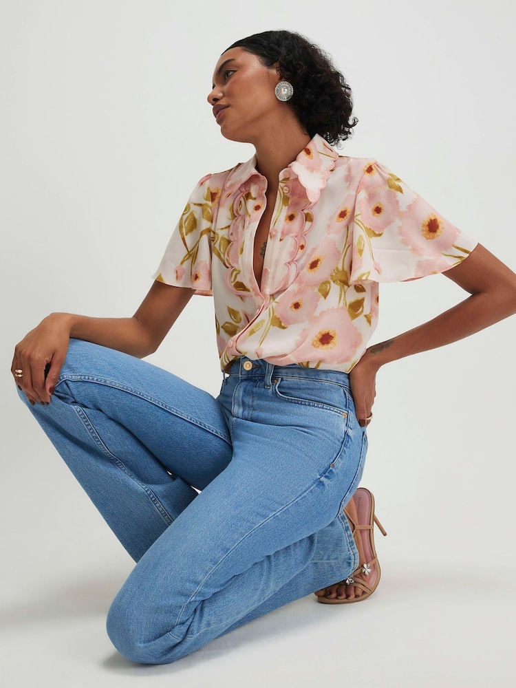 River Island Pink Angel Sleeve Floral Scallop Shirt - Image 1 of 4 River Island Pink Angel Sleeve Floral Scallop Shirt - Image 1 of 4