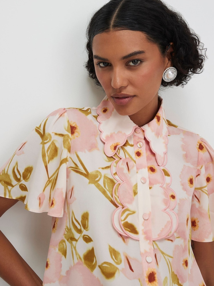 River Island Pink Angel Sleeve Floral Scallop Shirt - Image 4 of 4 River Island Pink Angel Sleeve Floral Scallop Shirt - Image 4 of 4
