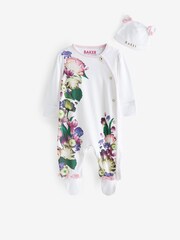 Baker by Ted Baker Mirror Floral White Sleepsuit And Hat Set - Image 1 of 6