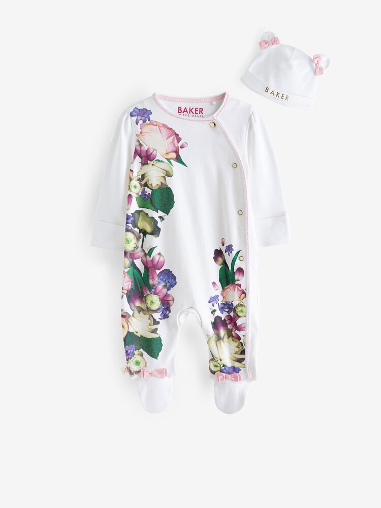 Baker by Ted Baker Mirror Floral White Sleepsuit And Hat Set - Image 1 of 6