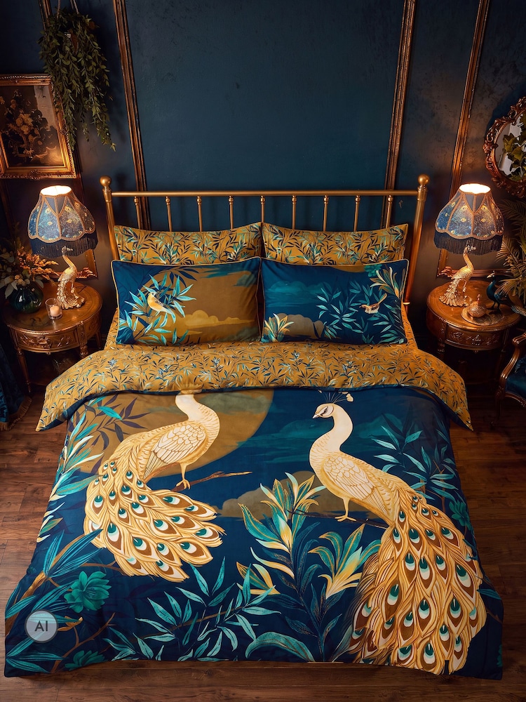 Joe Browns Blue Gilded Peacocks Cotton Sateen Reversible Duvet Set - Image 1 of 6 Joe Browns Blue Gilded Peacocks Cotton Sateen Reversible Duvet Set - Image 1 of 6