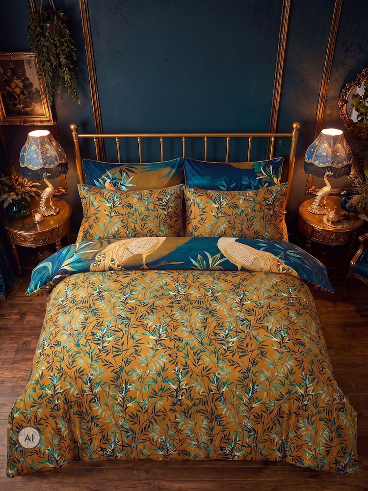 Joe Browns Blue Gilded Peacocks Cotton Sateen Reversible Duvet Set - Image 2 of 6 Joe Browns Blue Gilded Peacocks Cotton Sateen Reversible Duvet Set - Image 2 of 6