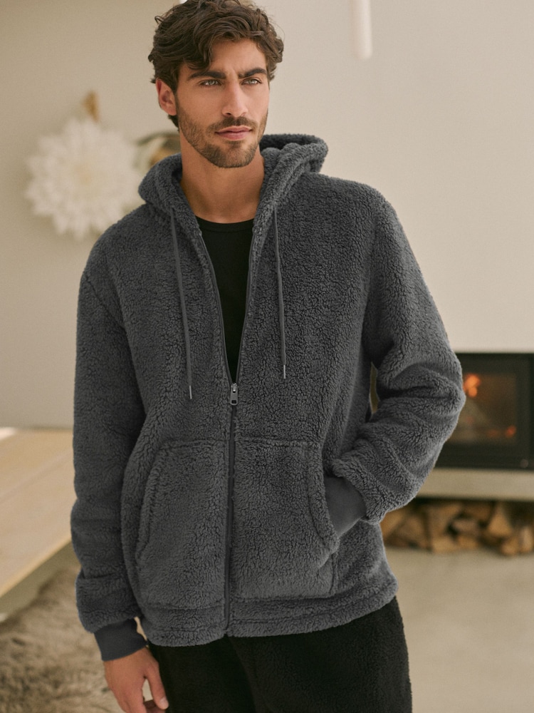 Slate Grey Fleece Borg Zip Through Hoodie - Image 1 of 9