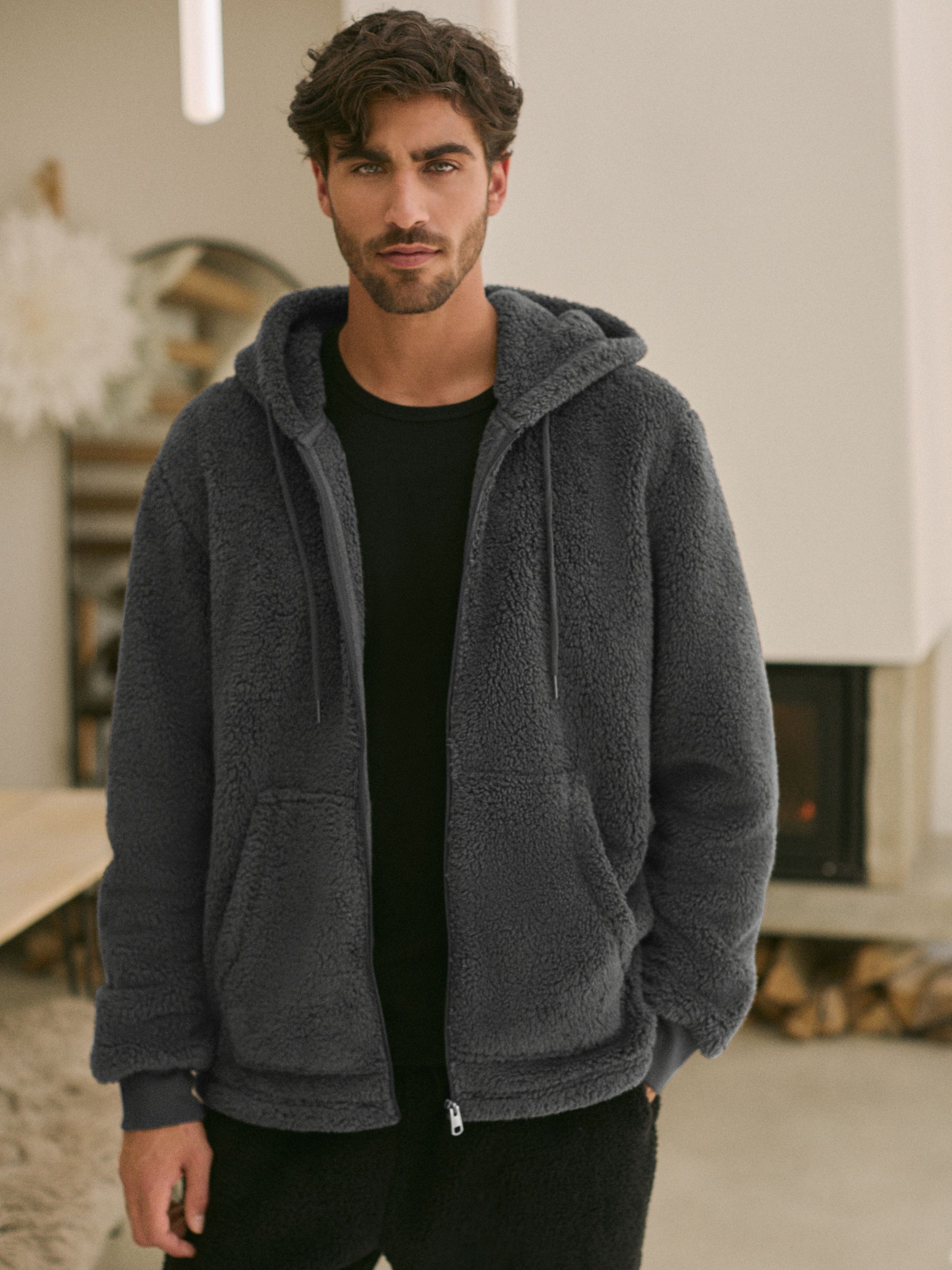 Buy Slate Grey Fleece Borg Zip Through Hoodie from Next USA