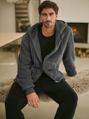 Slate Grey Fleece Borg Zip Through Hoodie - Image 5 of 9