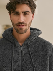 Slate Grey Fleece Borg Zip Through Hoodie - Image 6 of 9