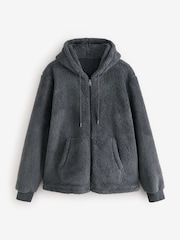 Slate Grey Fleece Borg Zip Through Hoodie - Image 7 of 9