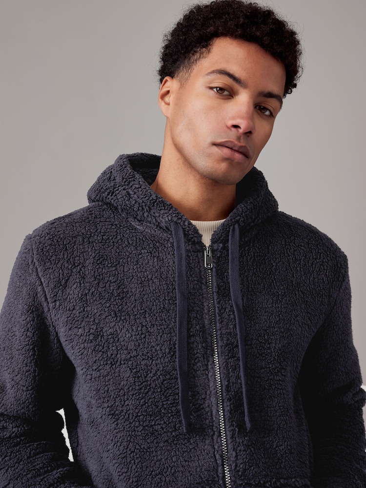 Navy Blue Fleece Borg Zip Up Hoodie - Image 1 of 8