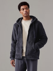 Navy Blue Fleece Borg Zip Up Hoodie - Image 2 of 8