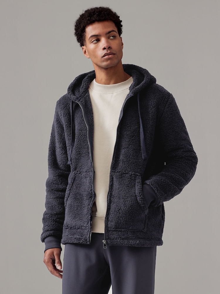 Navy Blue Fleece Borg Zip Up Hoodie - Image 2 of 8