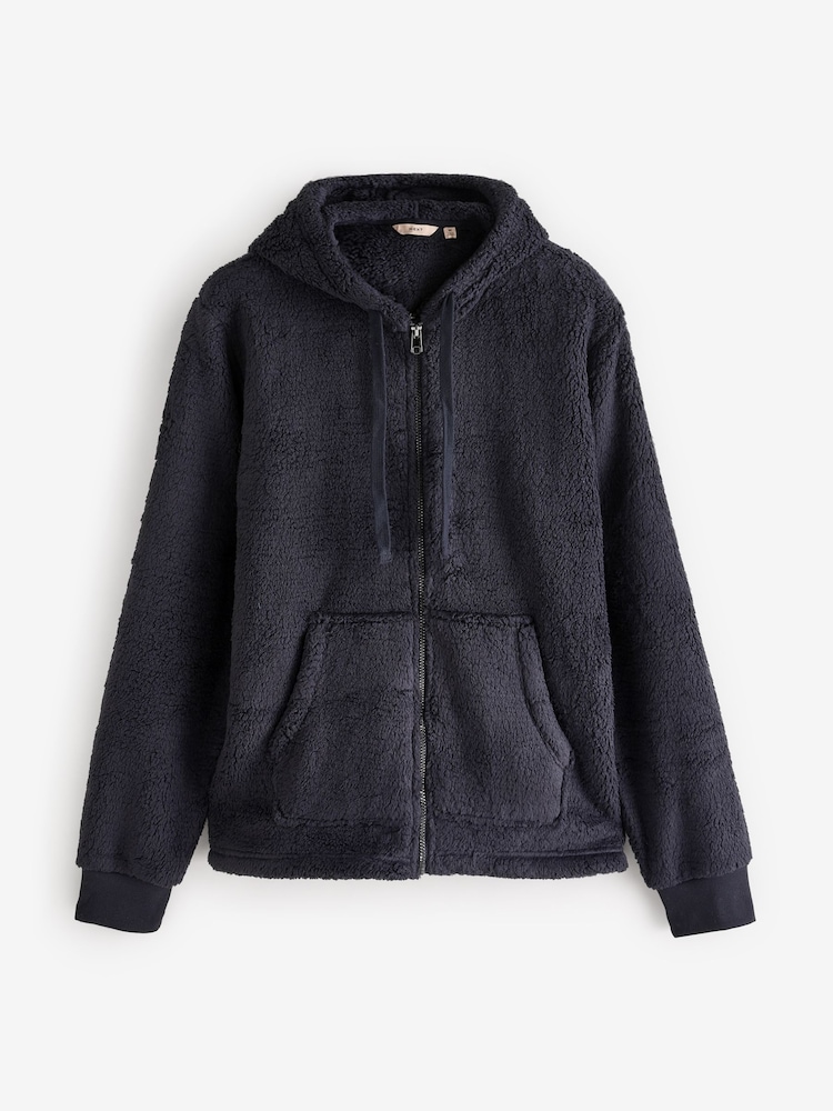Navy Blue Fleece Borg Zip Up Hoodie - Image 5 of 8