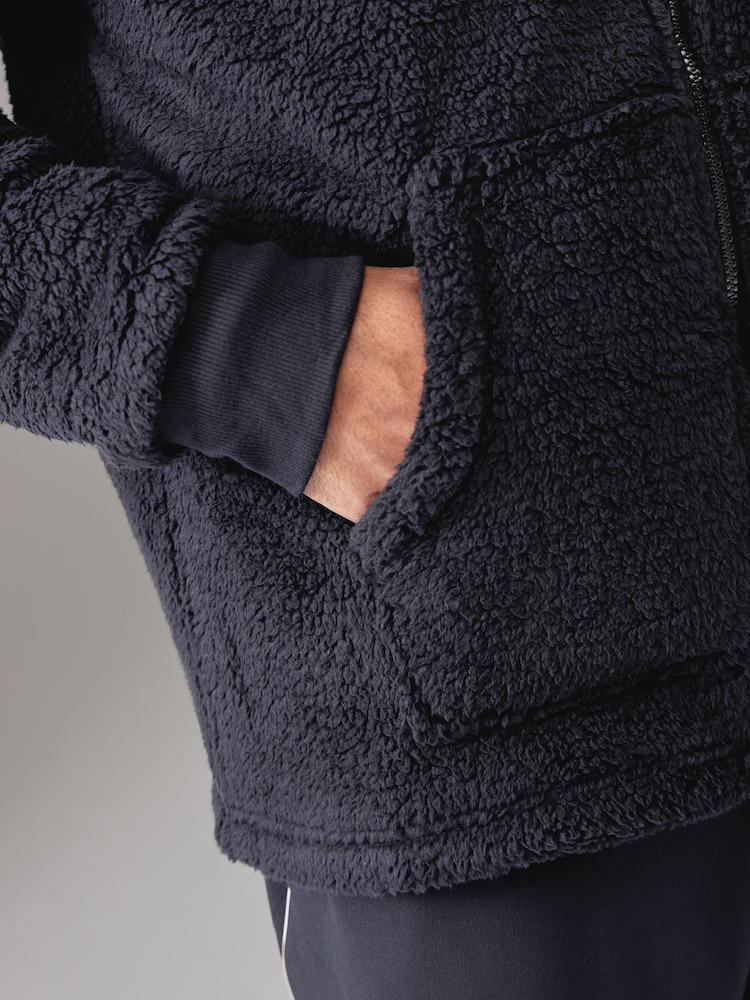 Navy Blue Fleece Borg Zip Up Hoodie - Image 7 of 8