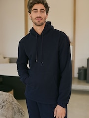 Navy Blue Overhead Fleece Borg Lined Textured Hoodie - Image 1 of 10